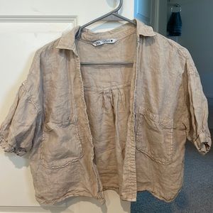 Never worn! 100% linen tan short sleeve crop button up top